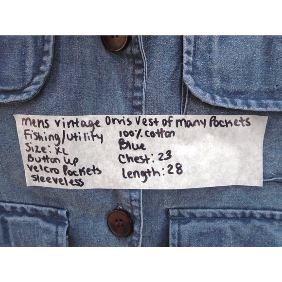 Orvis Blue Denim Vest of Many Pockets Button Fishing Travel Utility Mens Size XL - Picture 4 of 7